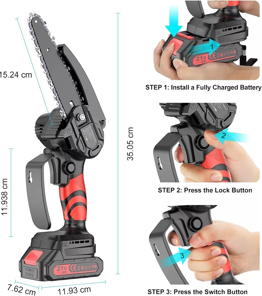 Mini řetězová pila Akumulátorová, 6palcová elektricka s 2bateriemi