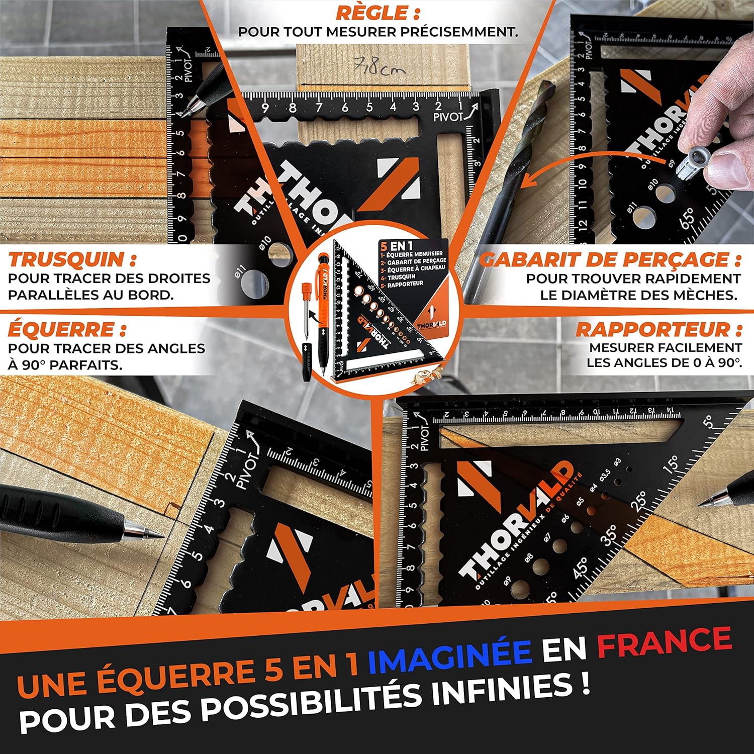 Thorvald 5v1 rychlostní úhelník 180 mm + tesařská tužka