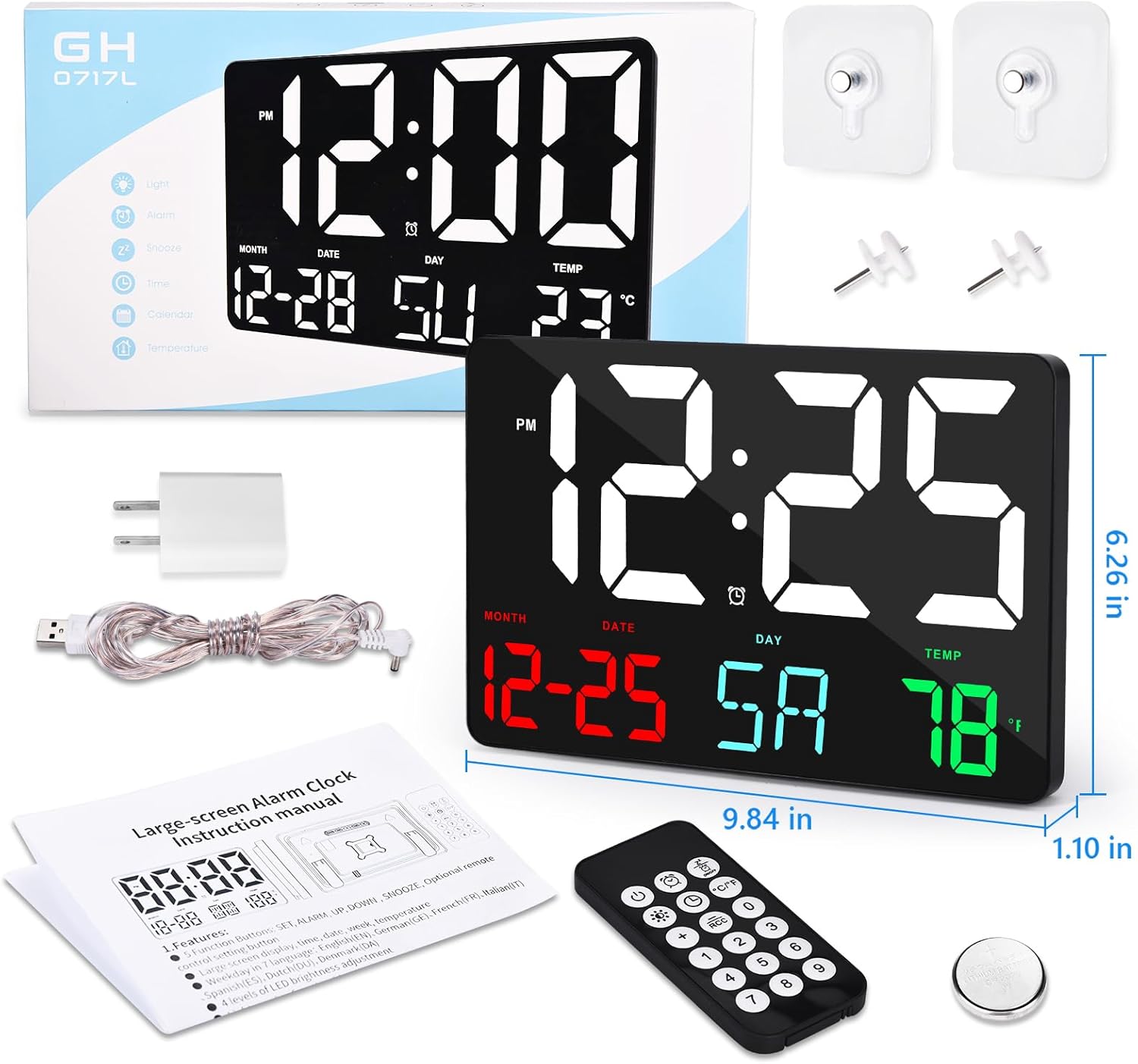 Velké led nástěnné hodiny s budíkem teploměrem a datumem