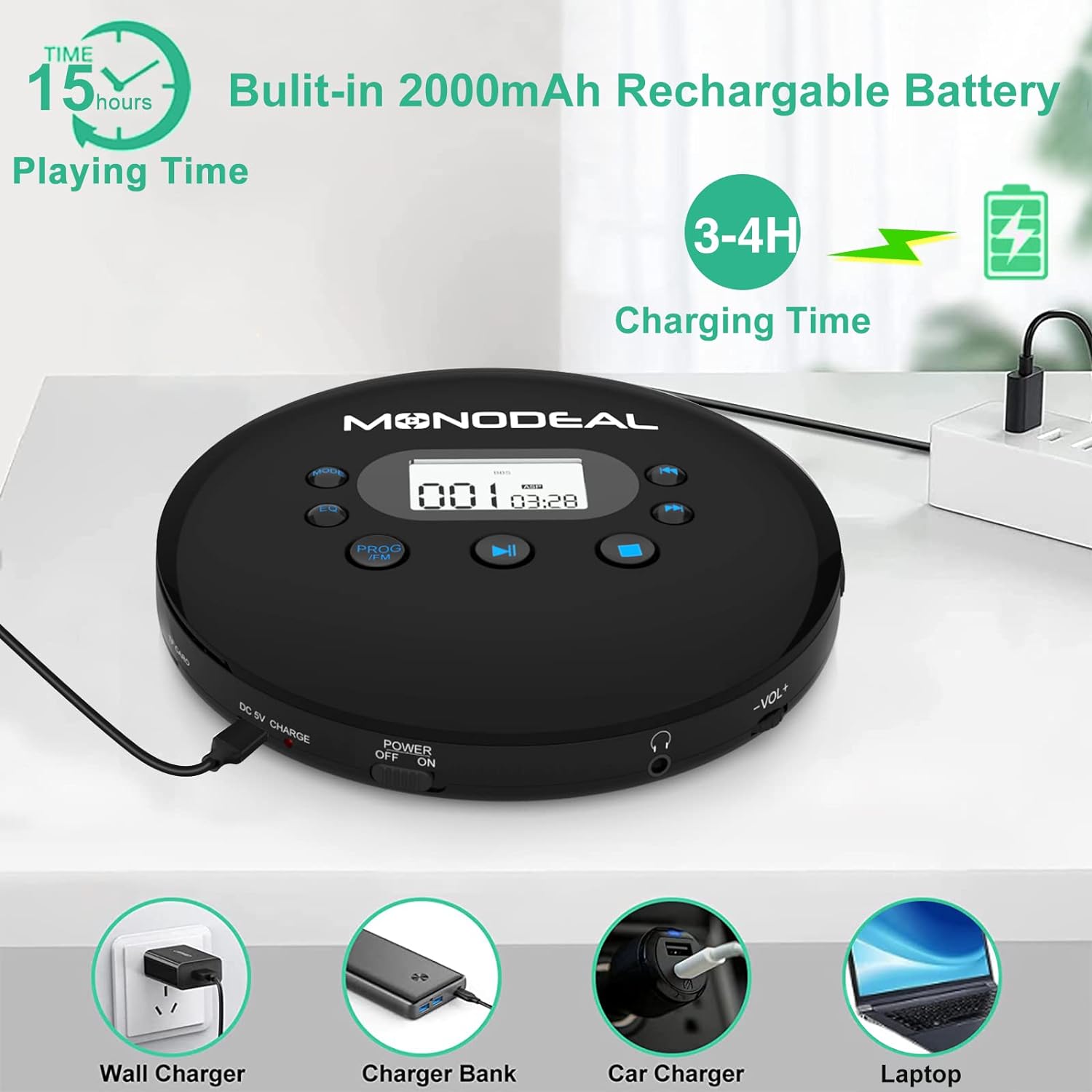 CD přehrávač přenosný s FM vysílačem, bezdrátové připojení s reprodukt