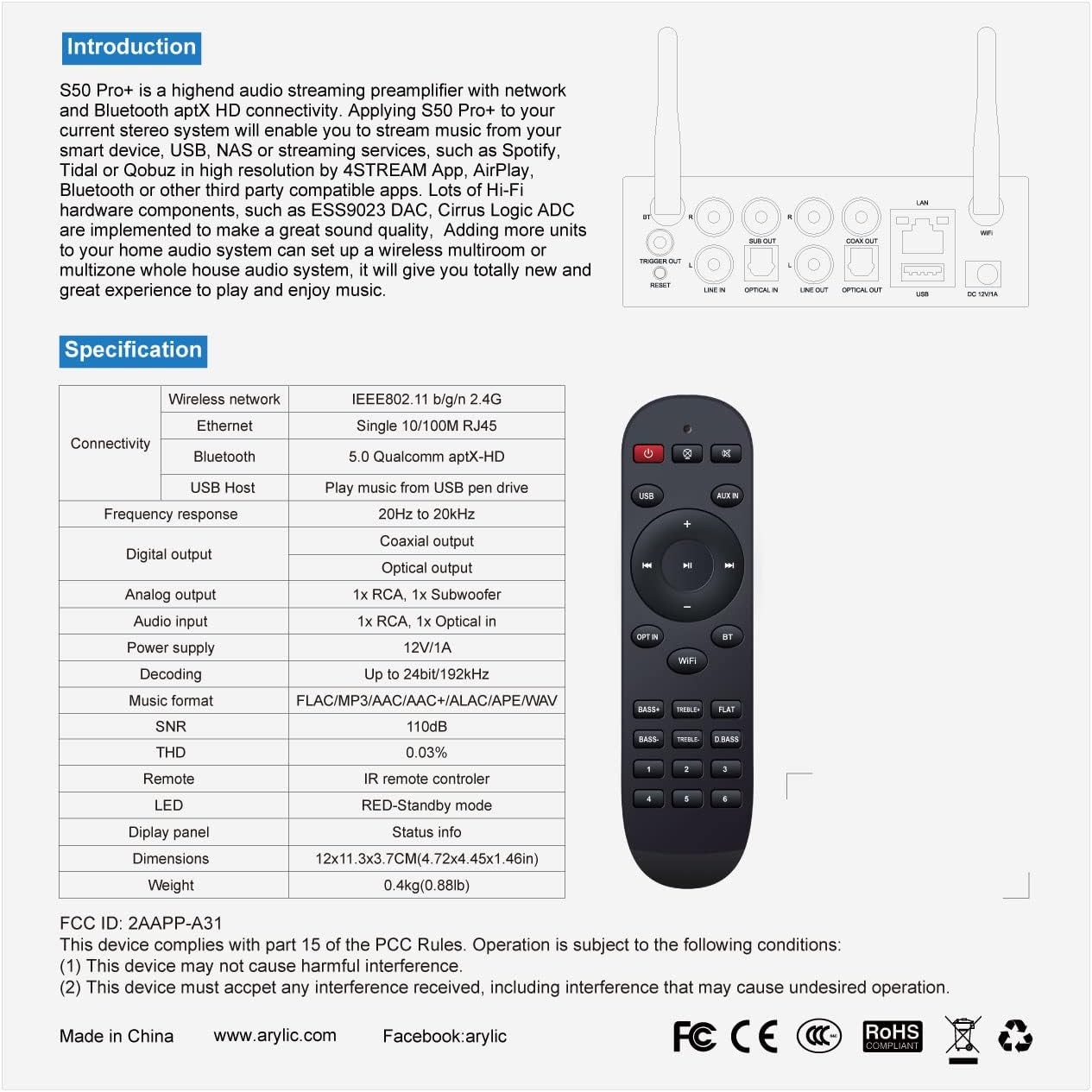 Arylic Up2stream S50 Pro+, WiFi & Bluetooth 5.0 Audio přijímač, aptX
