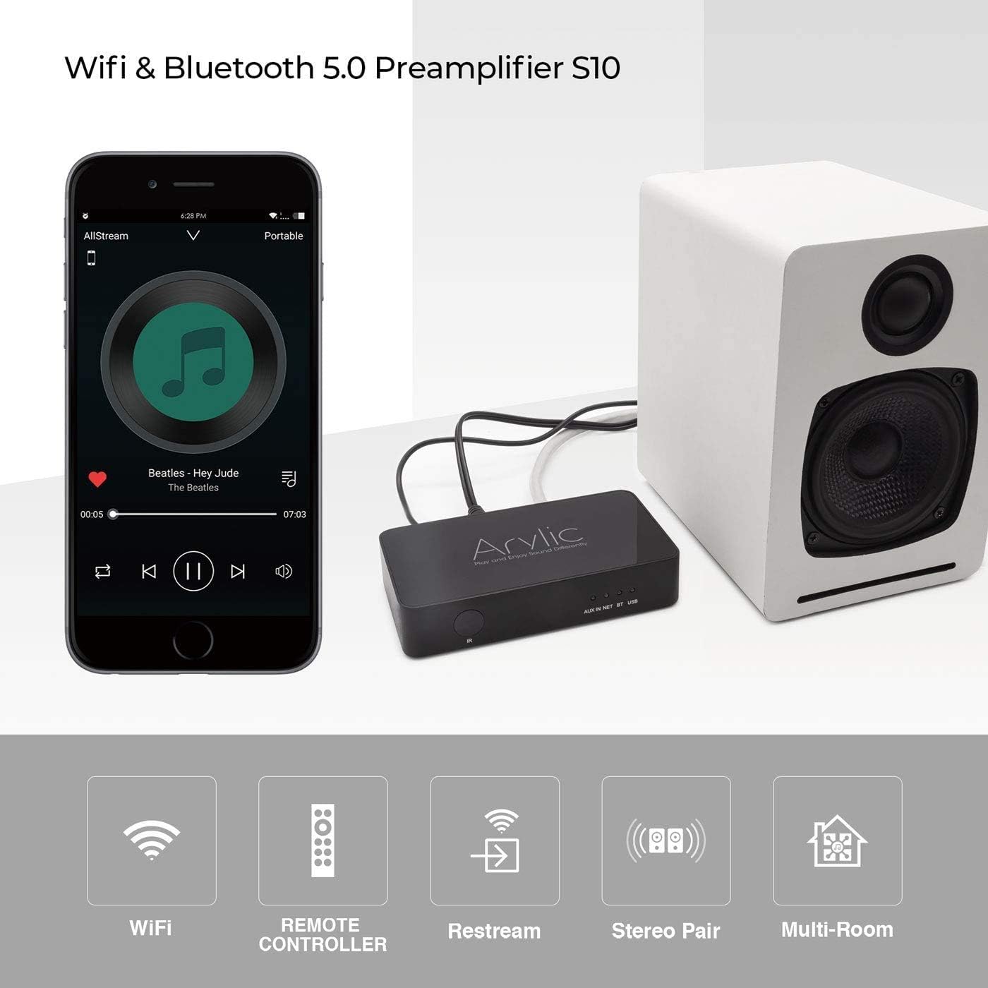 Arylic S10+WiFi & Bluetooth 5.0 předzesilovač / audio přijímač, bezdrá