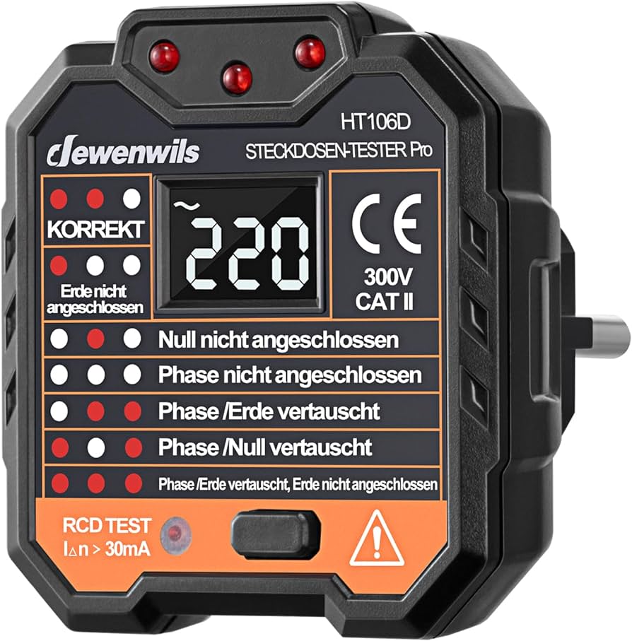 Tester zásuvek s testem proudového chrániče a LCD displejem napětí