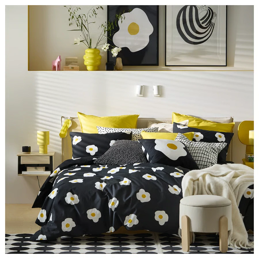 ÖGONLOCKSMAL Povlečení na jednolůžko, černá/bílá/žlutá, 155x220/80x80