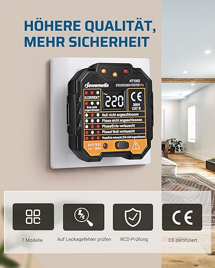 Tester zásuvek s testem proudového chrániče a LCD displejem napětí