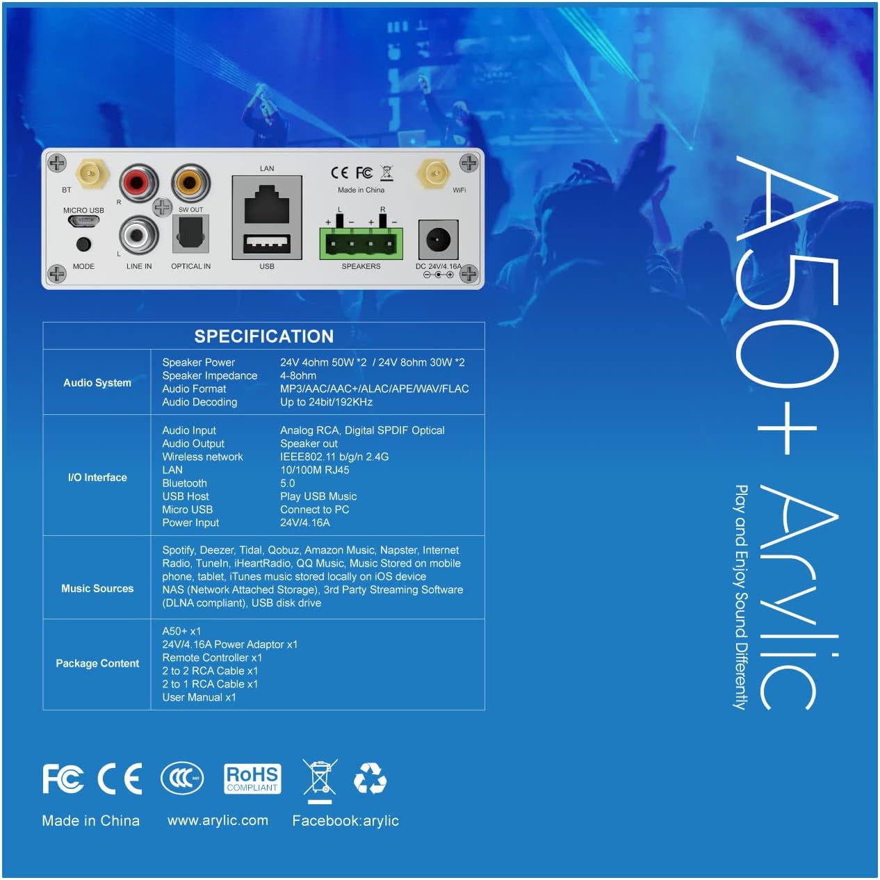 Arylic Up2stream A50+ Bluetooth zesilovač pro reproduktory, TPA3116 s