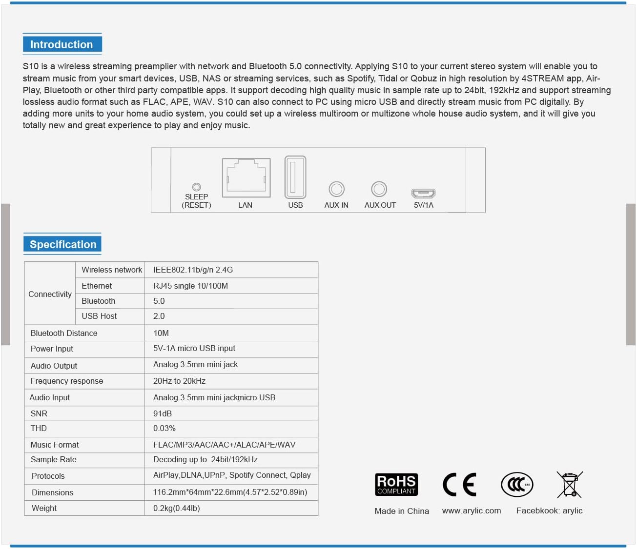 Arylic S10+WiFi & Bluetooth 5.0 předzesilovač / audio přijímač, bezdrá